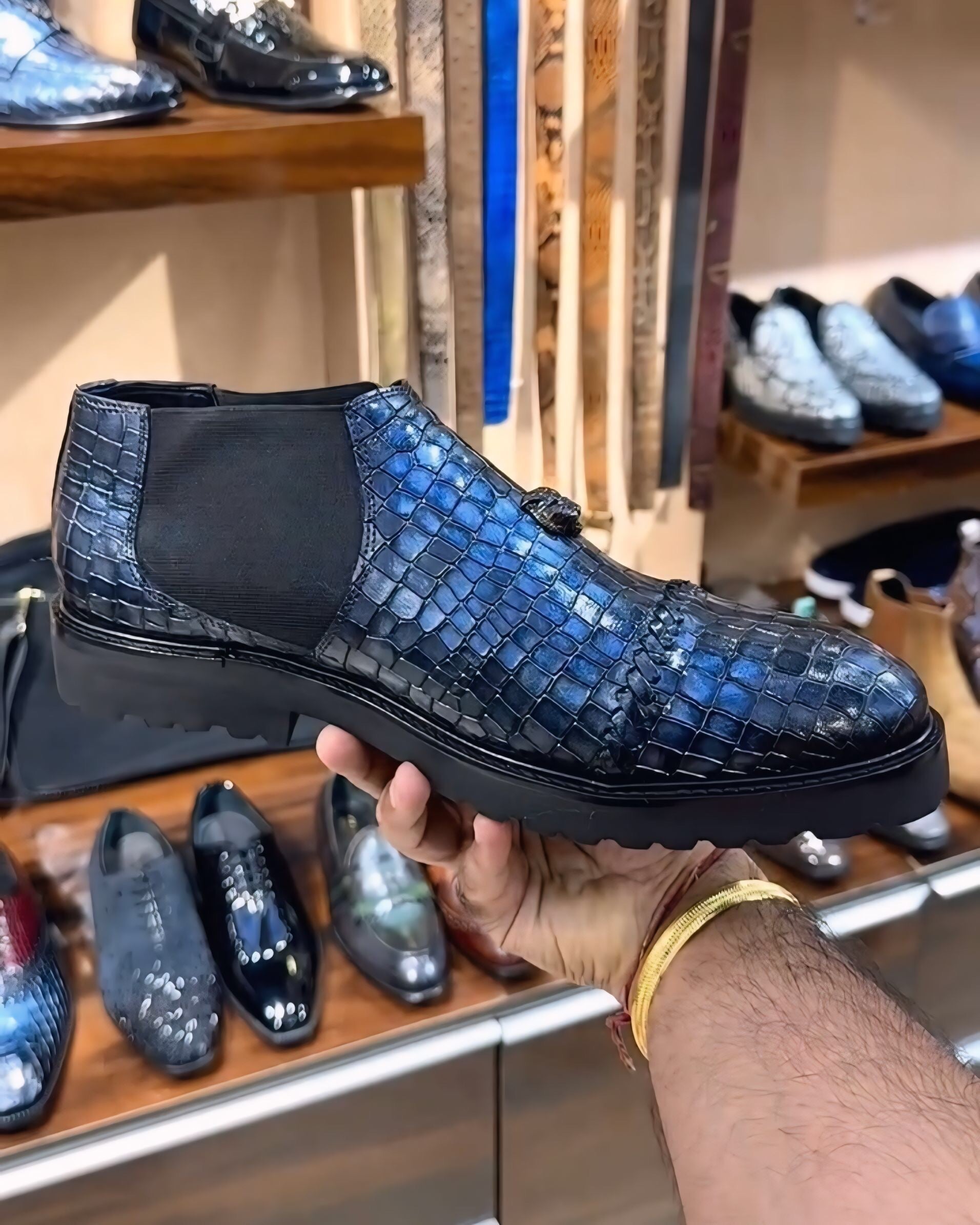Midnight Blue Crocodile Scaled Low-top Boots