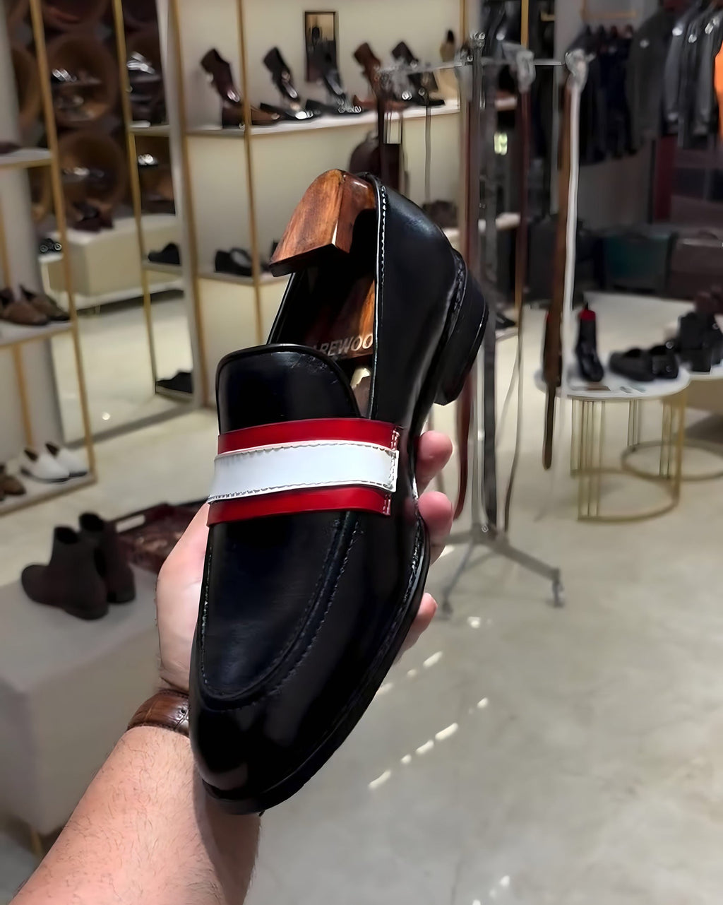 Black Lightweight Red-white Strap Loafers with Rubber Sole