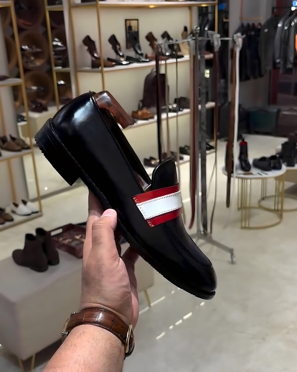 Black Lightweight Red-white Strap Loafers with Rubber Sole