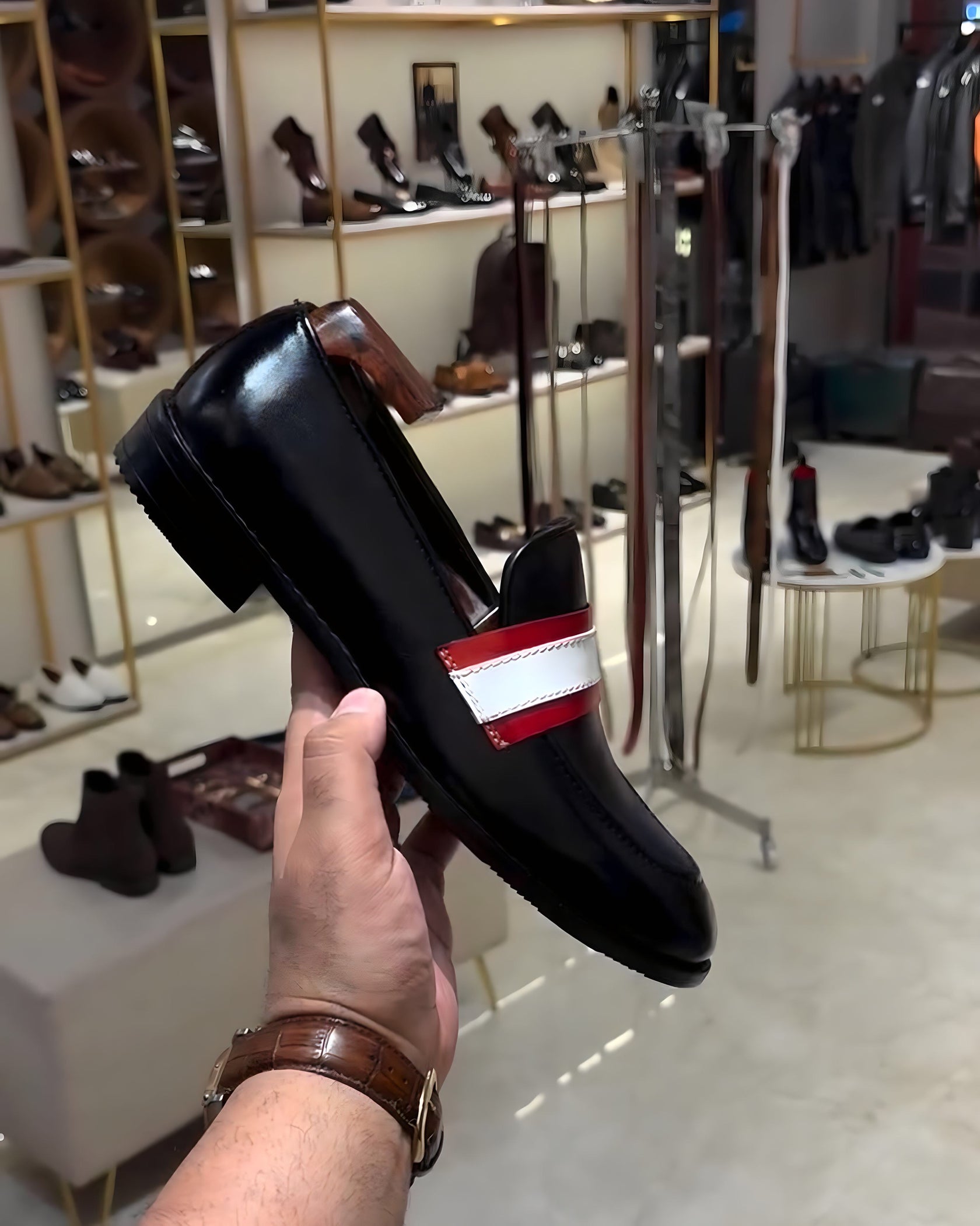 Black Lightweight Red-white Strap Loafers with Rubber Sole