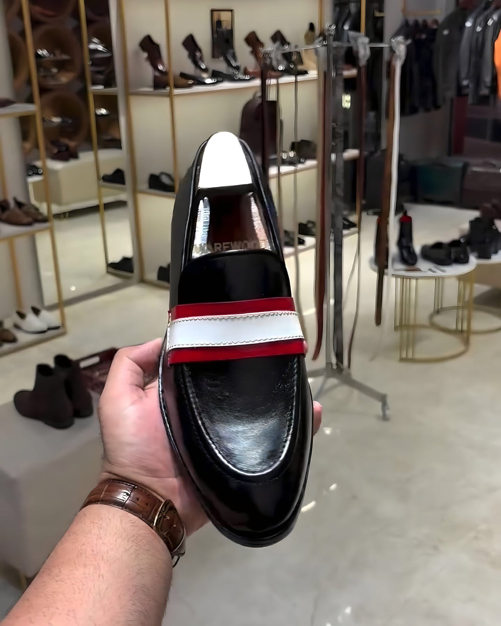 Black Lightweight Red-white Strap Loafers with Rubber Sole