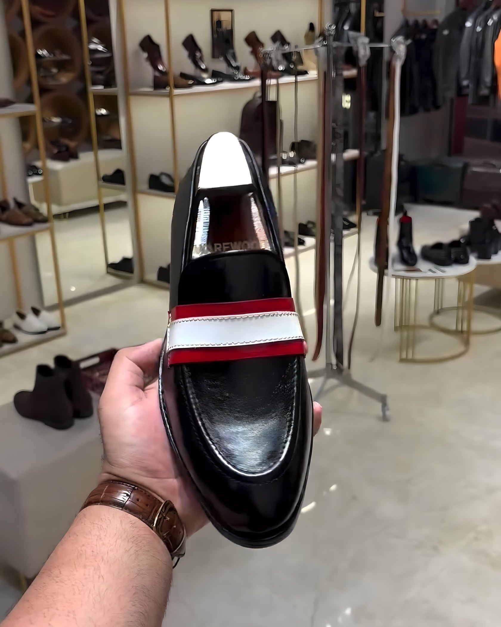 Black Lightweight Red-white Strap Loafers with Rubber Sole