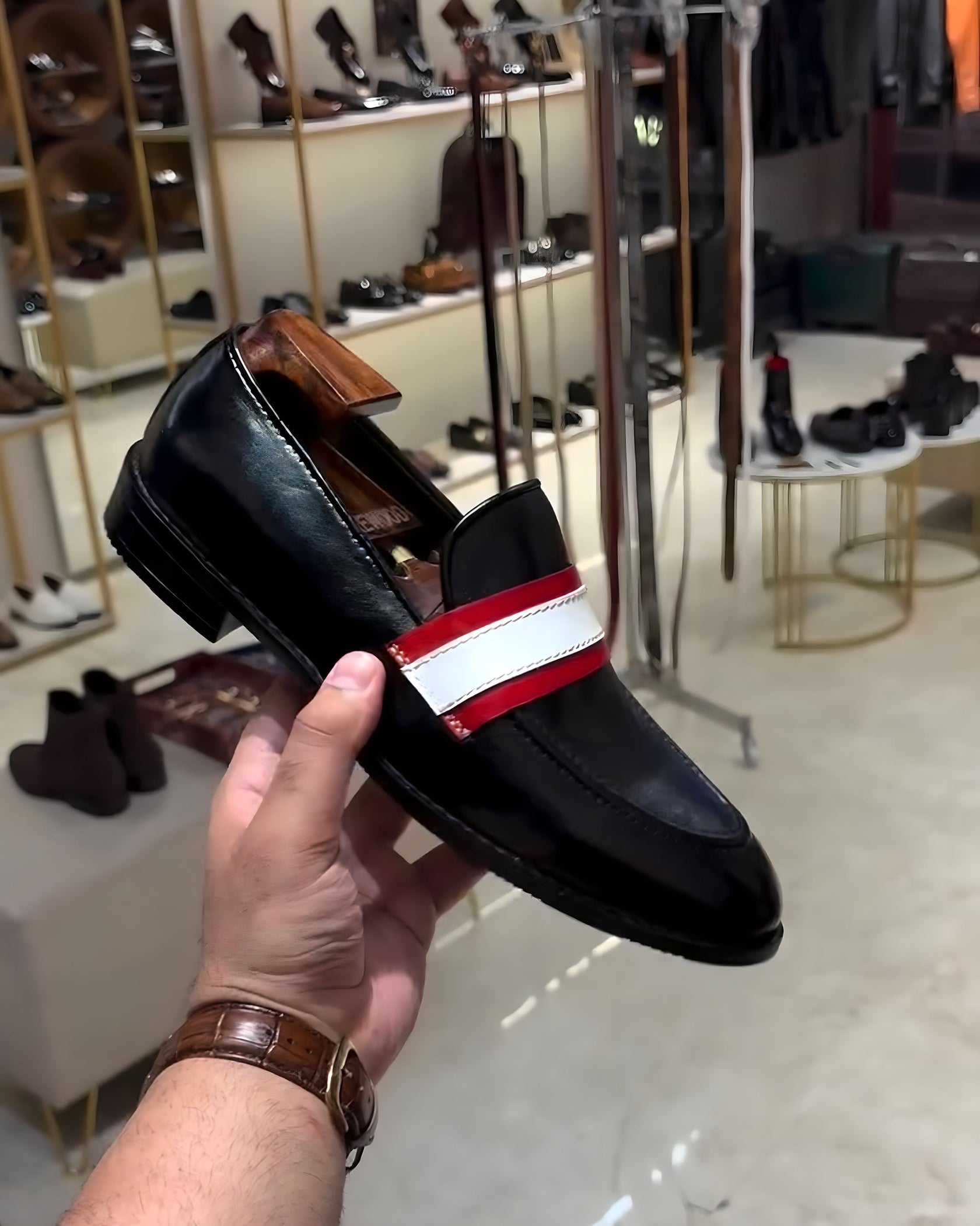 Black Lightweight Red-white Strap Loafers with Rubber Sole
