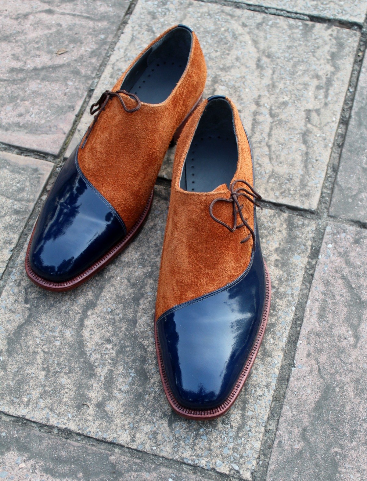 Blue Patent Brown Suede Leather Oxford Dress Shoes