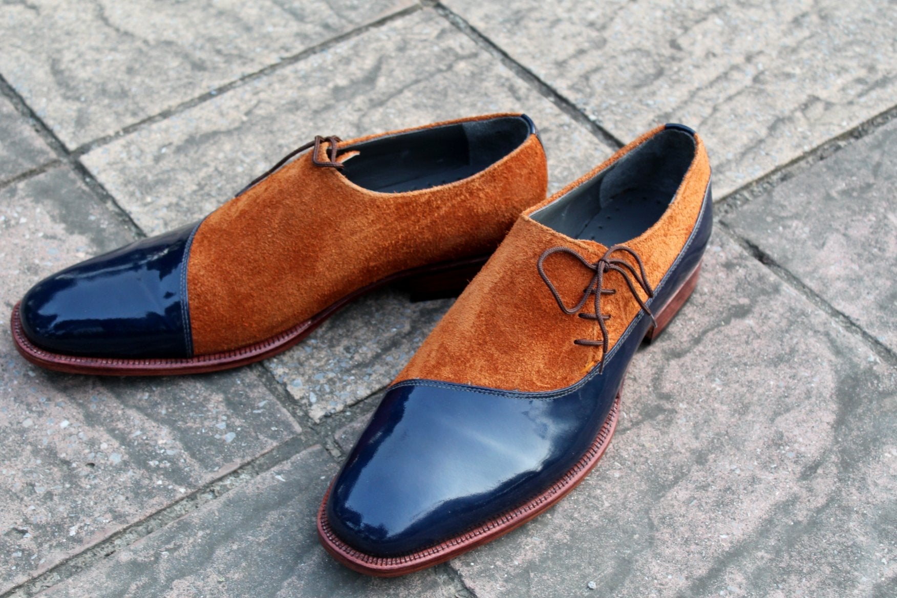 Blue Patent Brown Suede Leather Oxford Dress Shoes