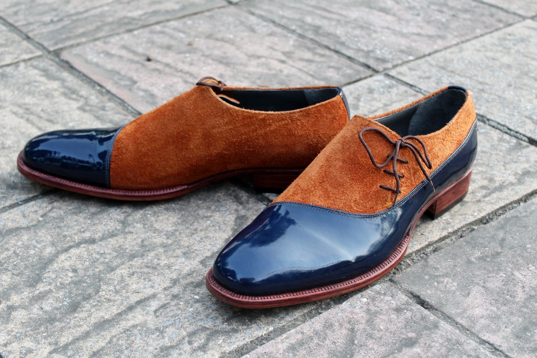 Blue Patent Brown Suede Leather Oxford Dress Shoes