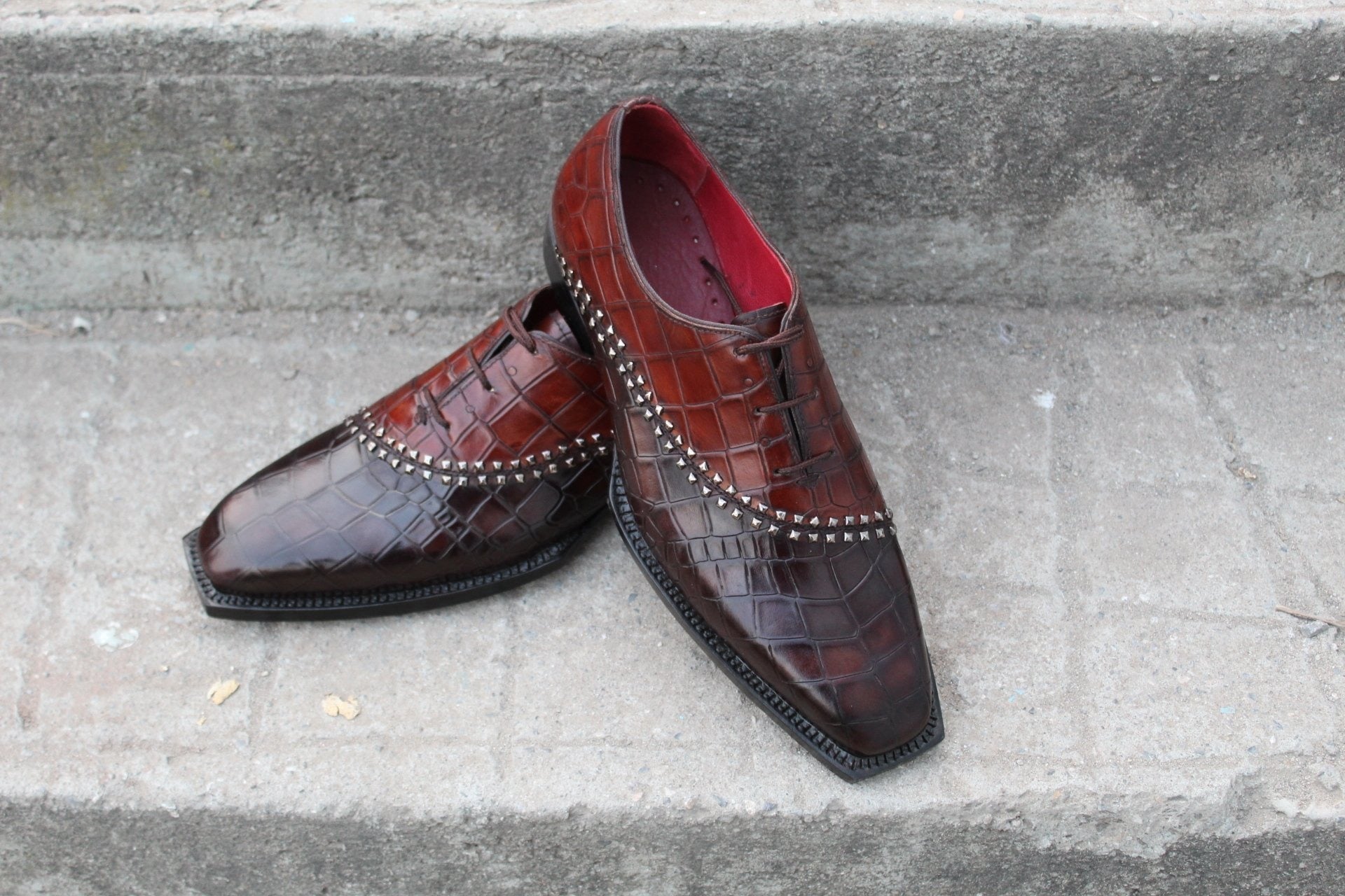 Brown Crocodile Texture Leather Alligator Dress Shoes