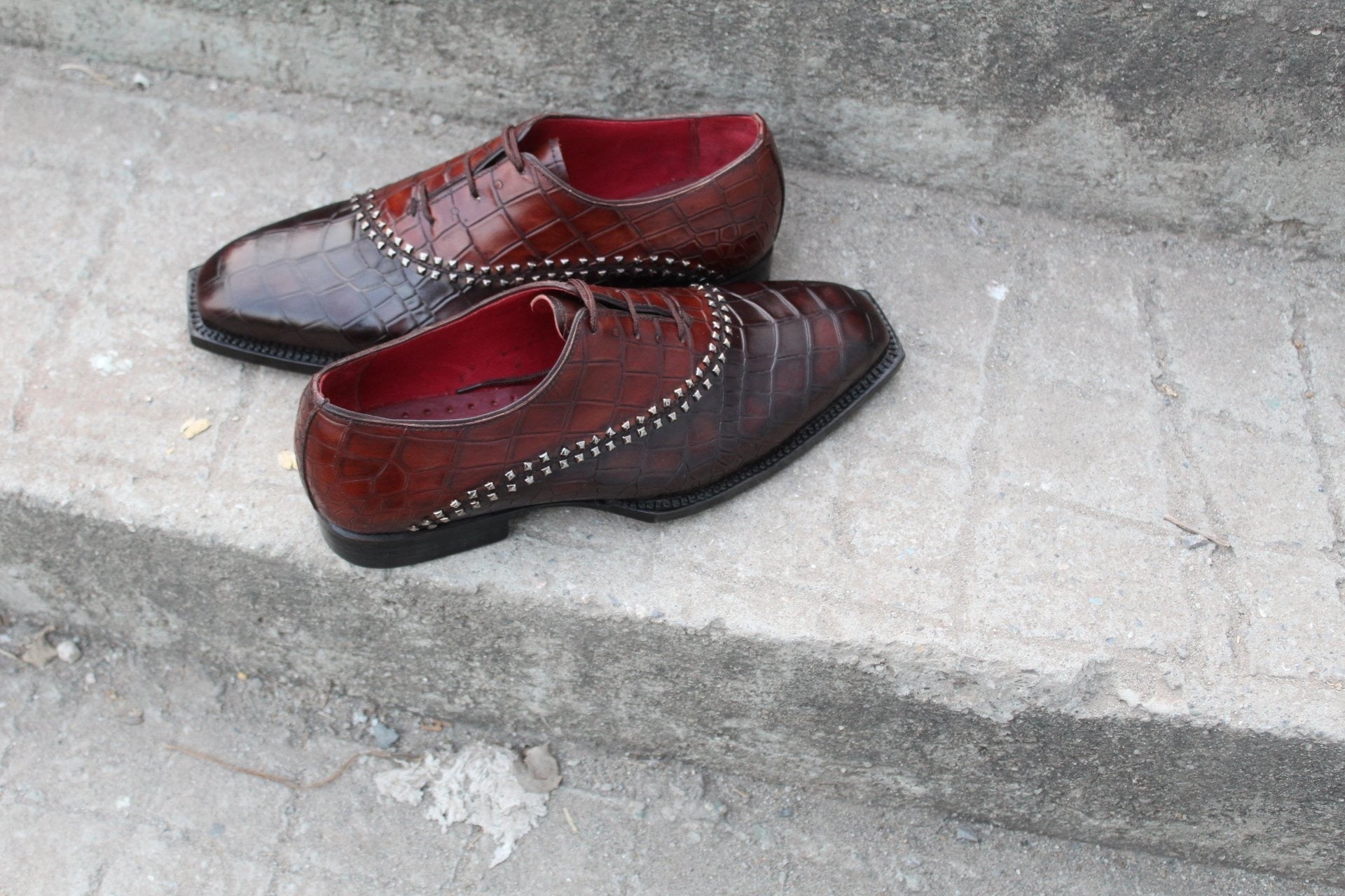 Brown Crocodile Texture Leather Alligator Dress Shoes