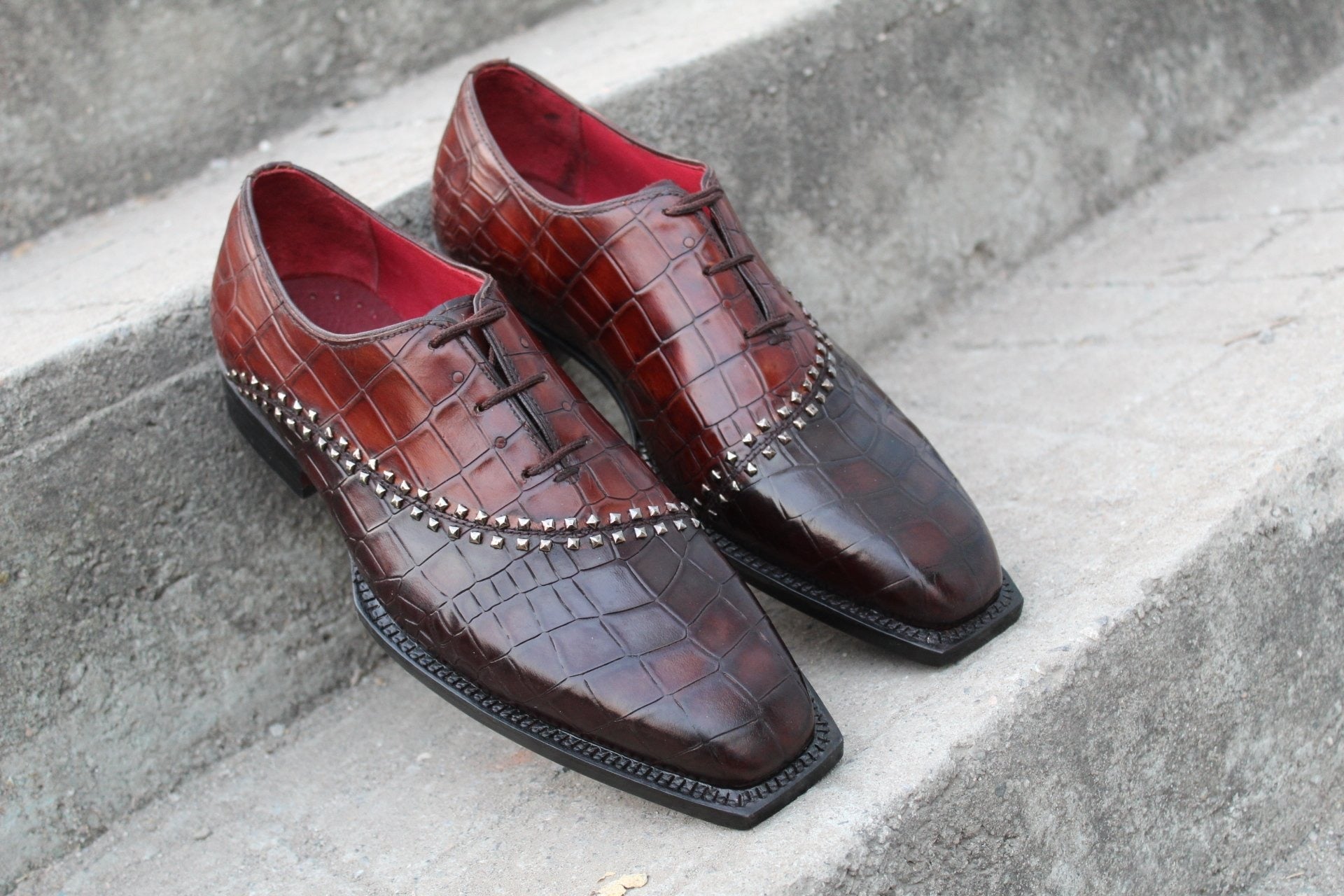 Brown Crocodile Texture Leather Alligator Dress Shoes