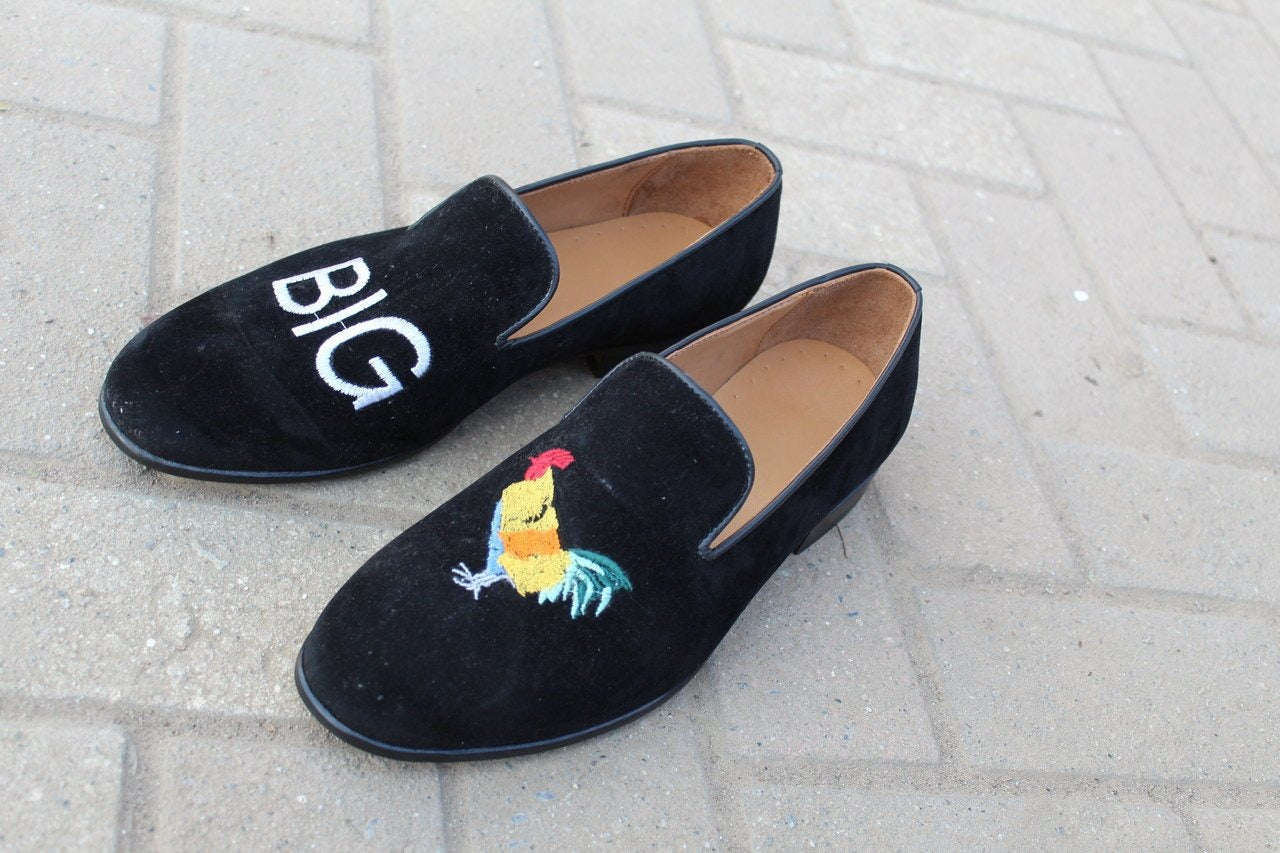Black Velvet Slipper Embroidery Loafers Dress Shoes