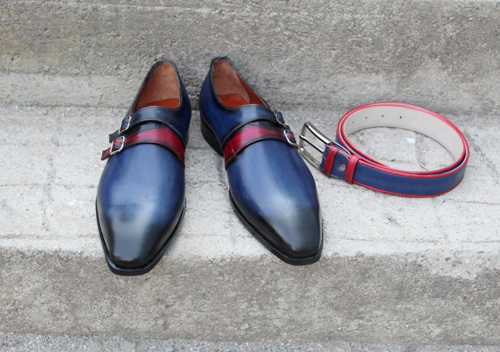 Blue Leather Monk Strap Dress Shoes