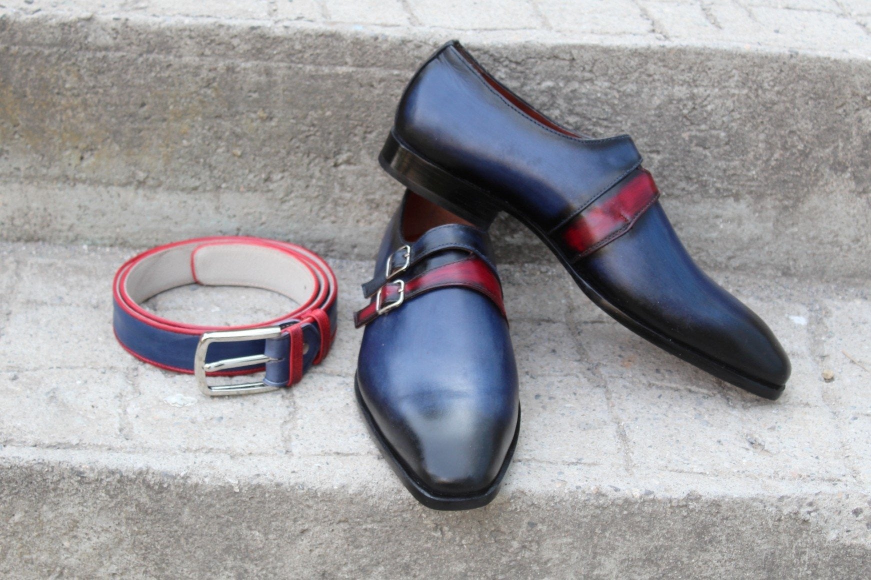 Blue Leather Monk Strap Dress Shoes