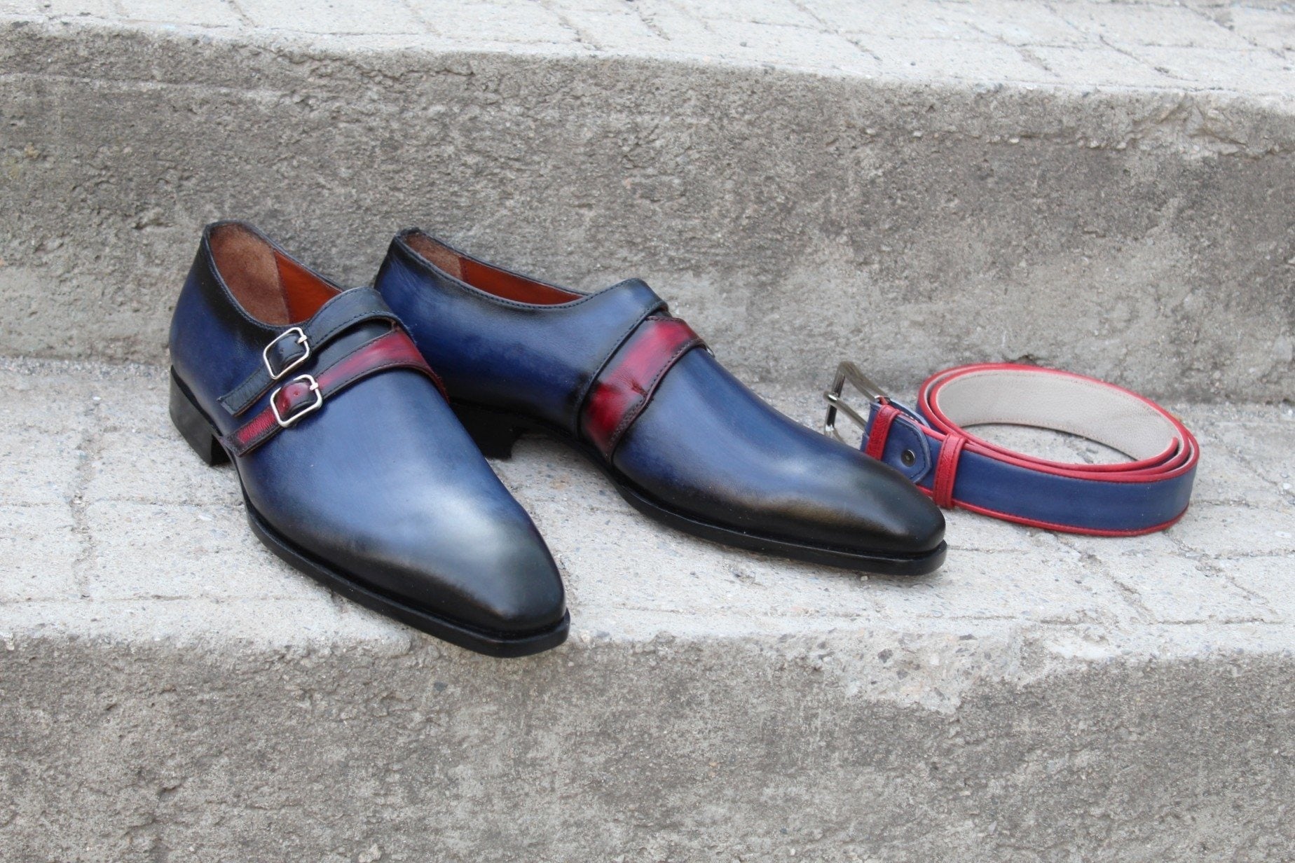 Blue Leather Monk Strap Dress Shoes
