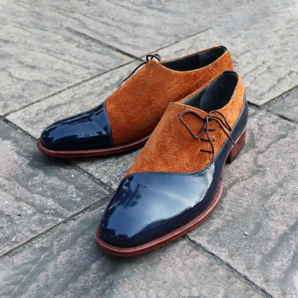 Blue Patent Brown Suede Leather Oxford Dress Shoes