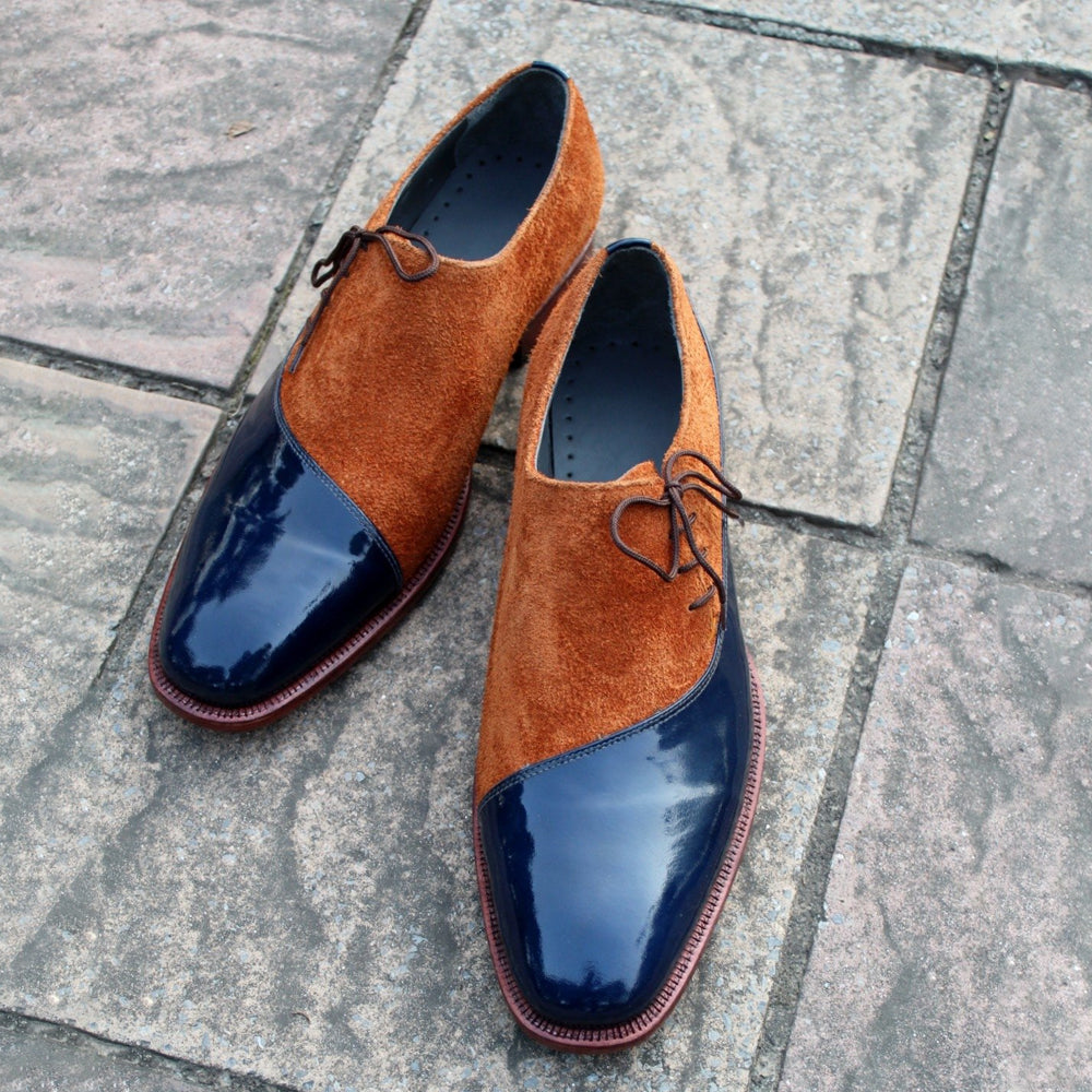 Blue Patent Brown Suede Leather Oxford Dress Shoes
