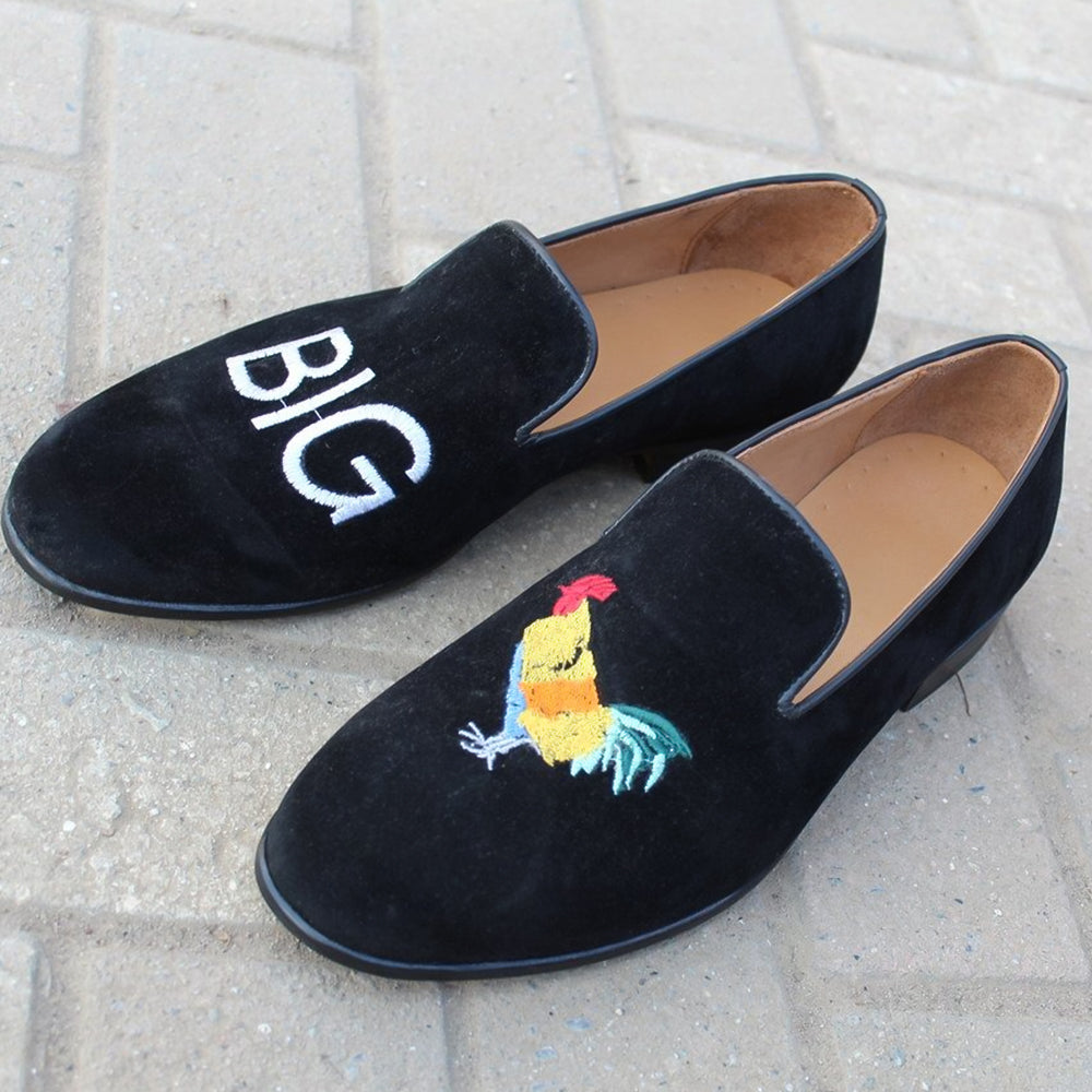 Black Velvet Slipper Embroidery Loafers Dress Shoes