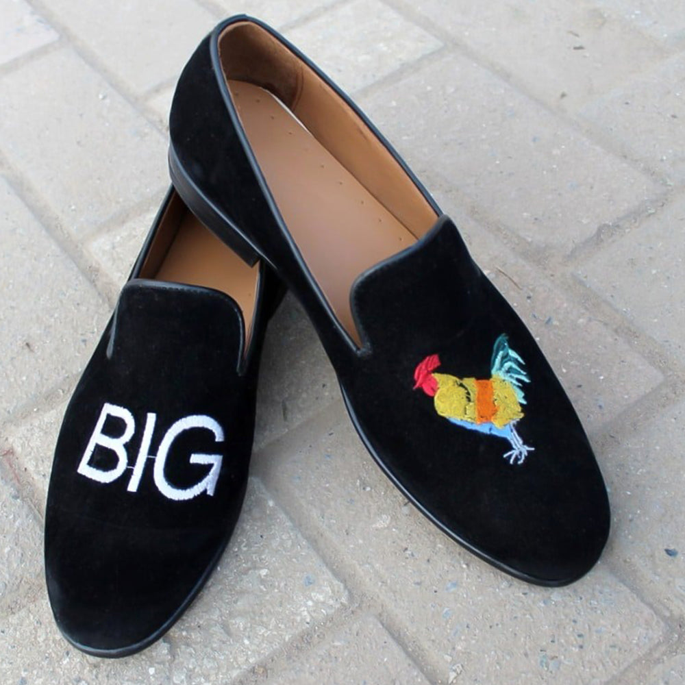 Black Velvet Slipper Embroidery Loafers Dress Shoes