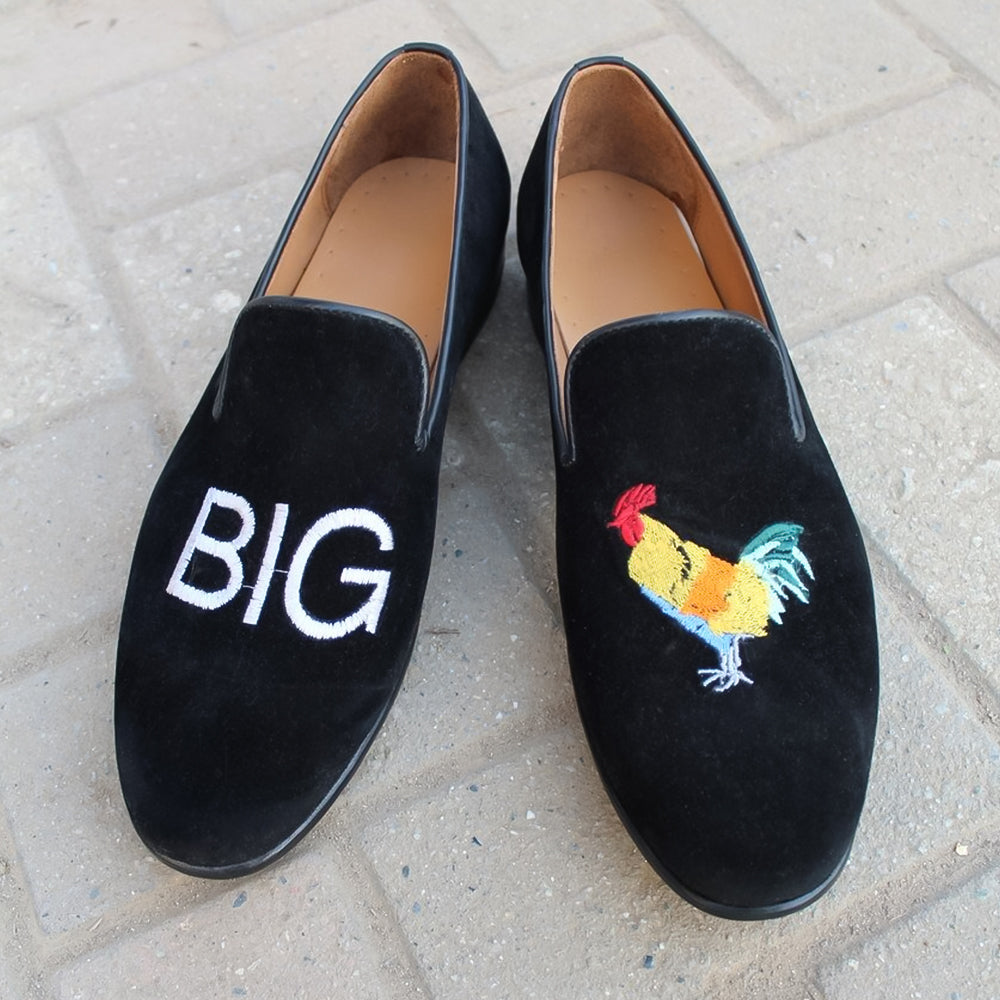 Black Velvet Slipper Embroidery Loafers Dress Shoes