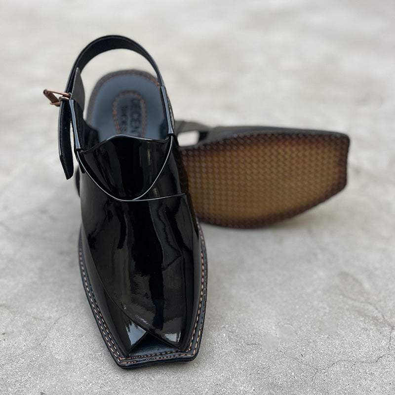 Hand Stitched Patent Black Kheri