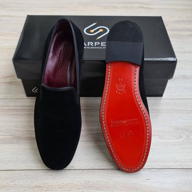 Black Men's Genuine Suede Leather Loafers - Red Leather Sole