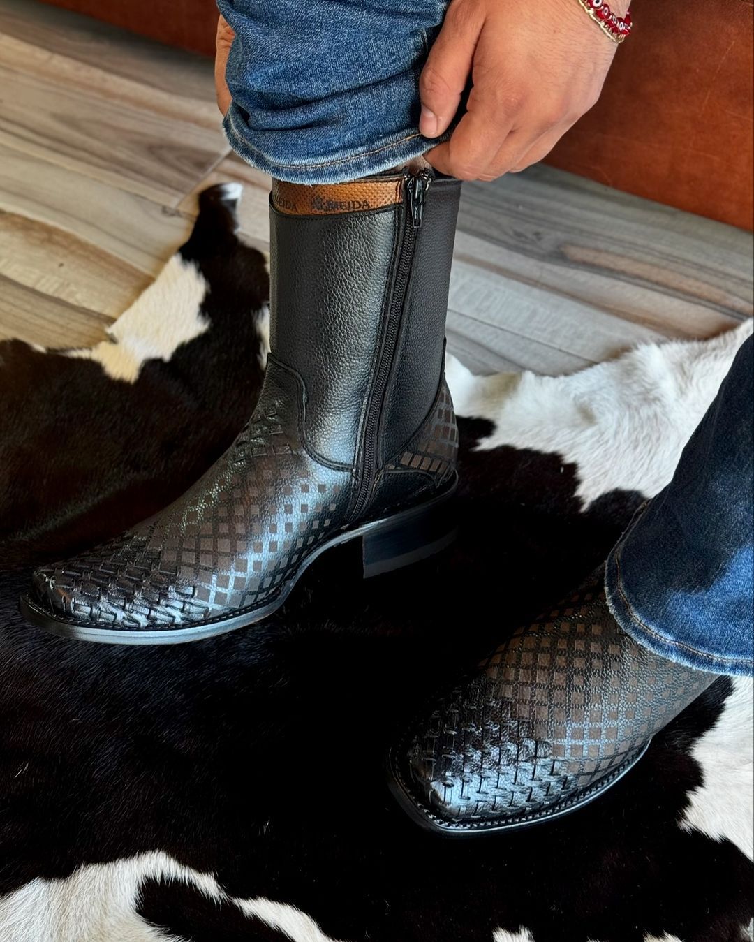 Woven Cowhide Leather Laser Finish Boots