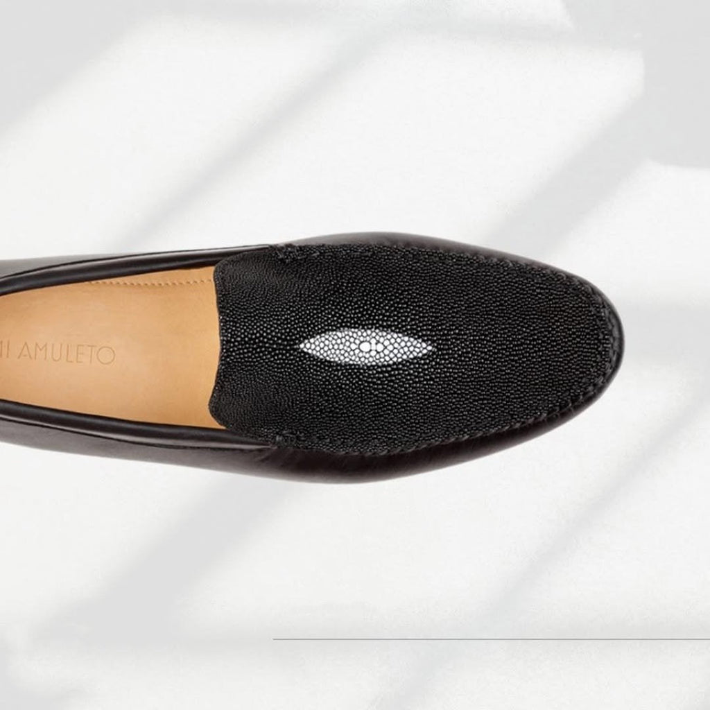 Black Moccasin With Stingray Eye And Cowhide Leather