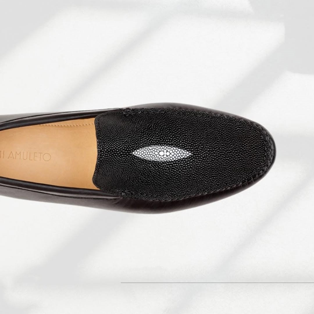 Black Moccasin With Stingray Eye And Cowhide Leather