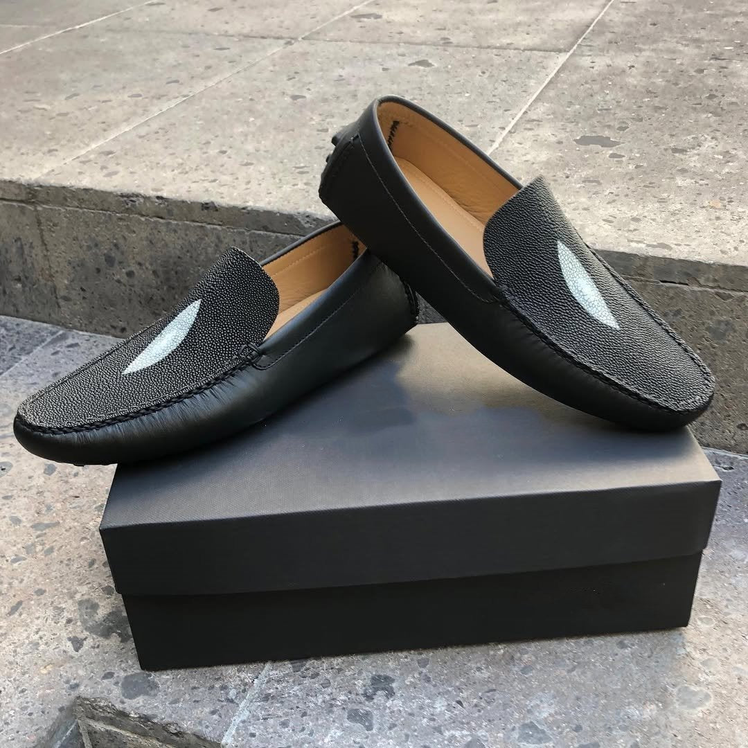 Black Moccasin With Stingray Eye And Cowhide Leather