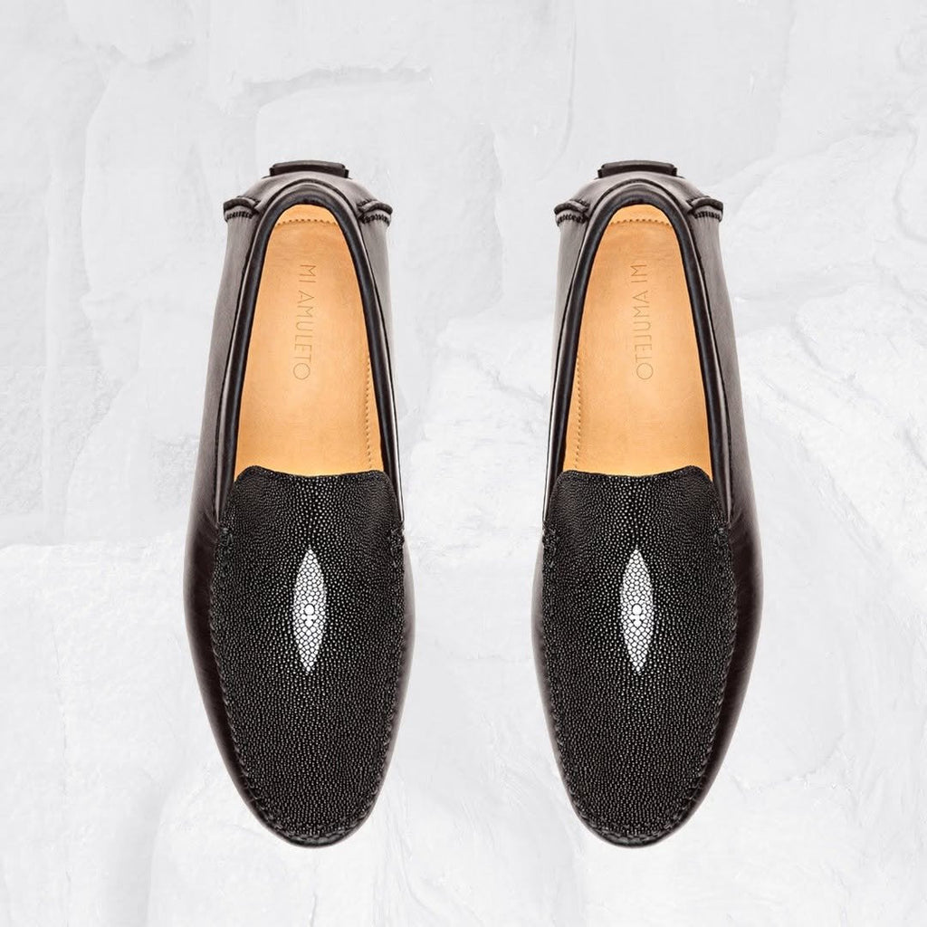 Black Moccasin With Stingray Eye And Cowhide Leather