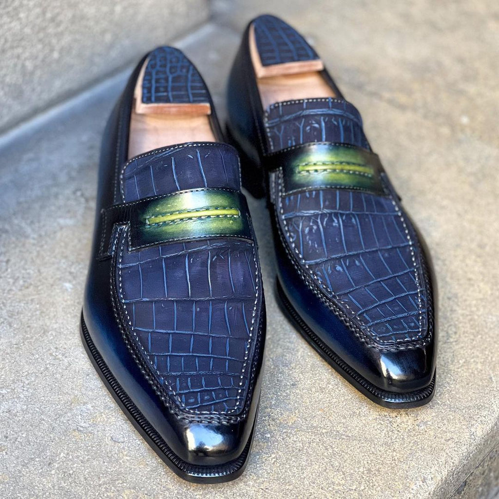 Lincoln Loafer - Blue Alligator Nabuck, Night Blue calf