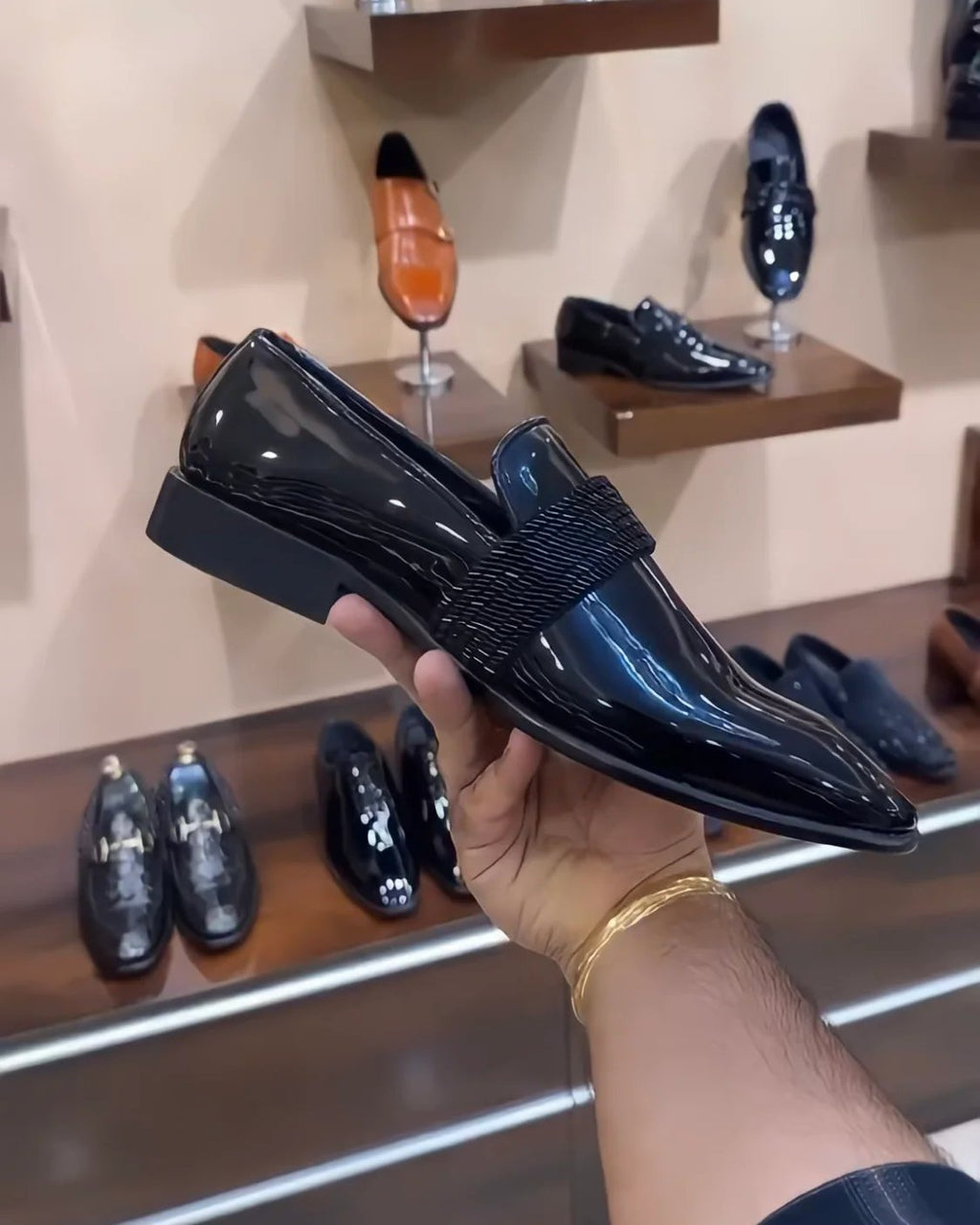 Black Italian Patent Embroidery Strap Moccasins