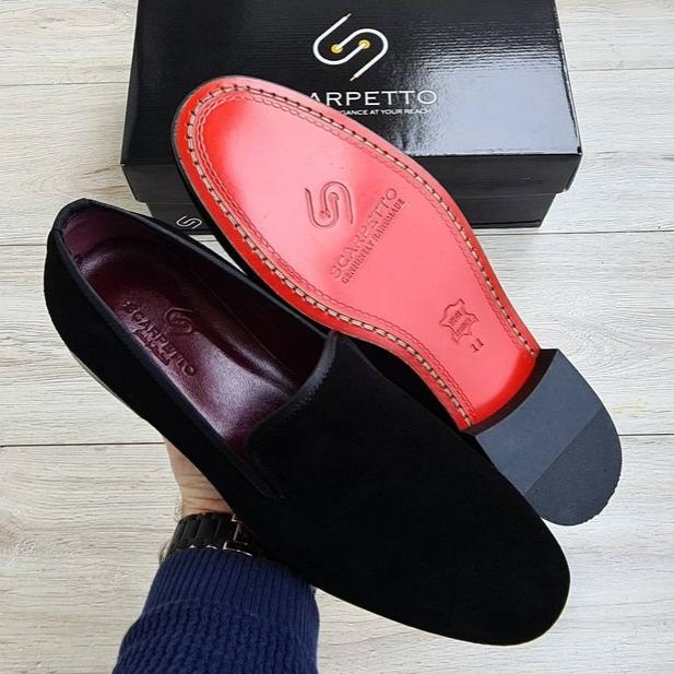 Black Men's Genuine Suede Leather Loafers - Red Leather Sole