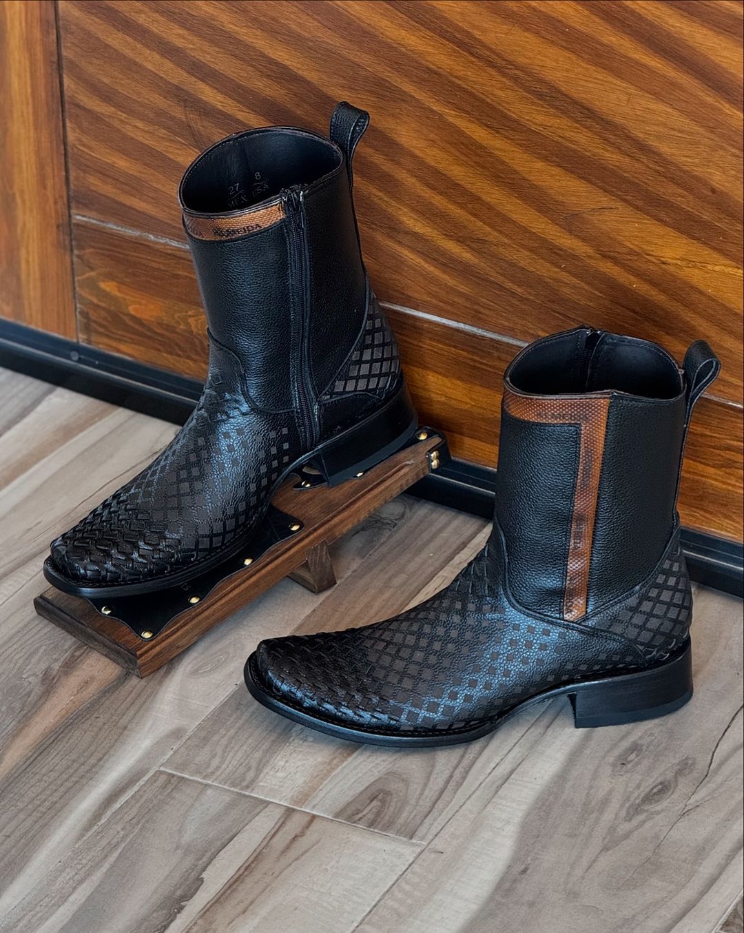 Woven Cowhide Leather Laser Finish Boots