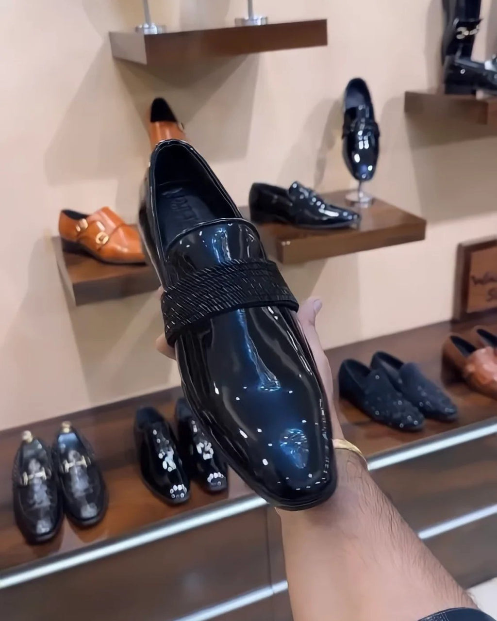 Black Italian Patent Embroidery Strap Moccasins