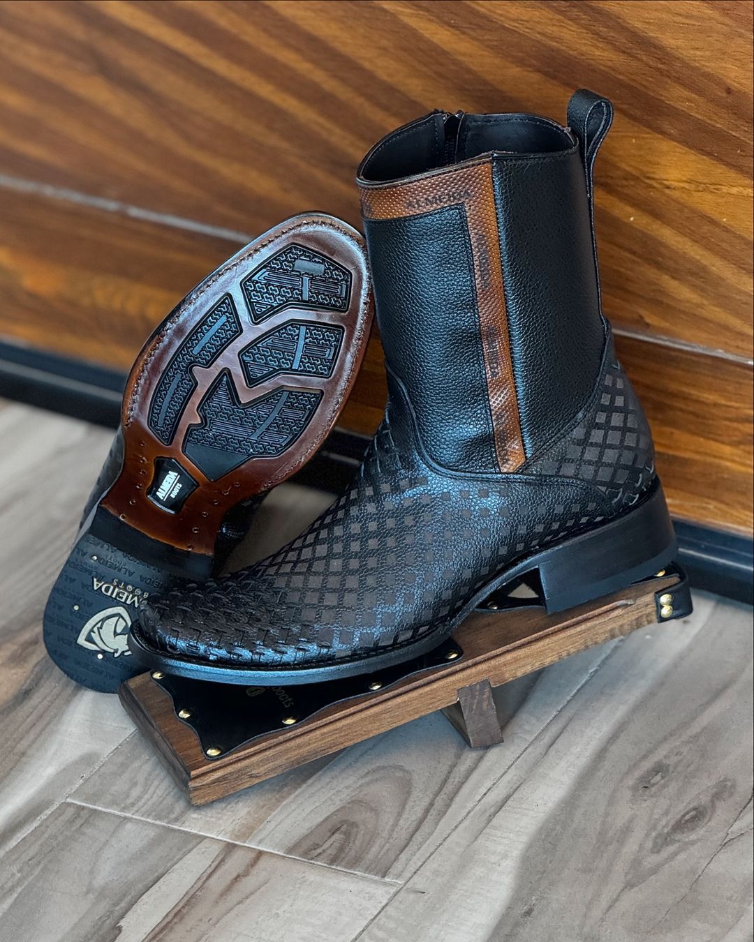 Woven Cowhide Leather Laser Finish Boots