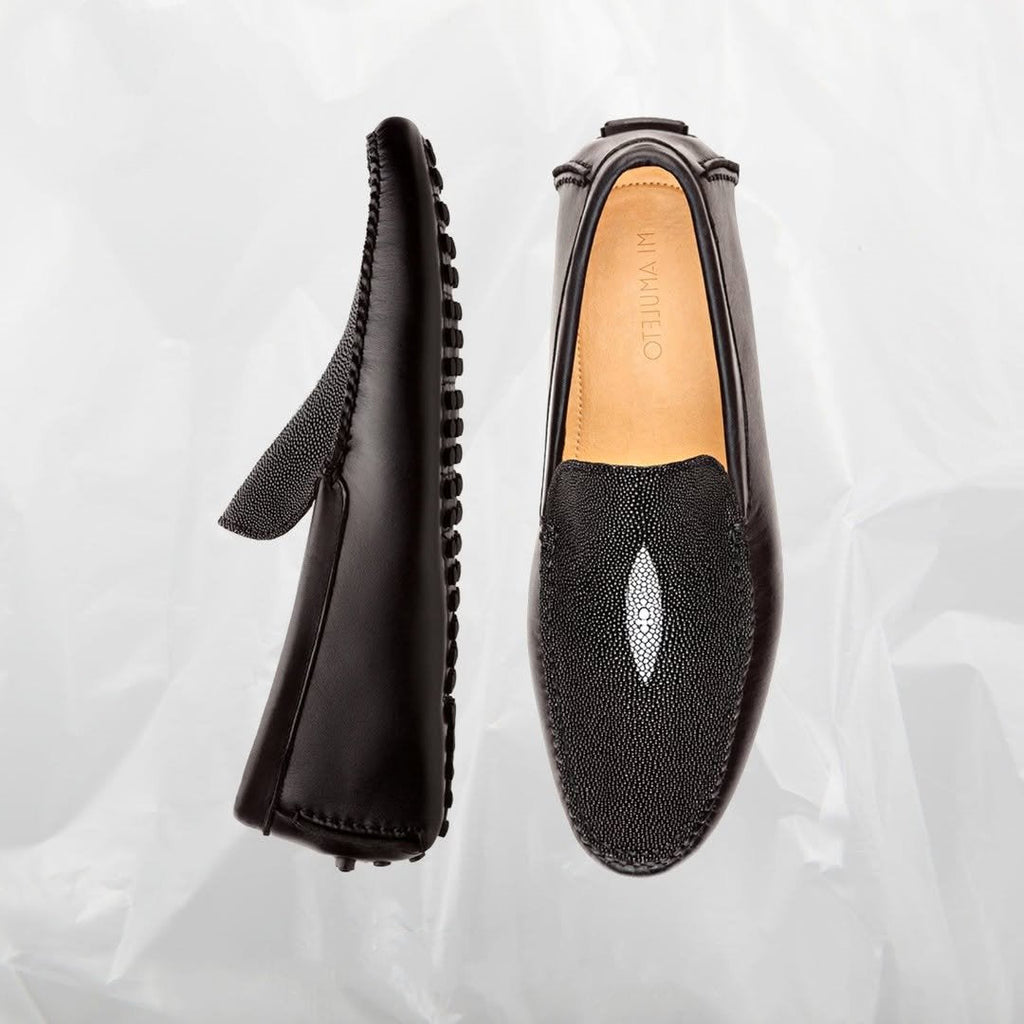 Black Moccasin With Stingray Eye And Cowhide Leather