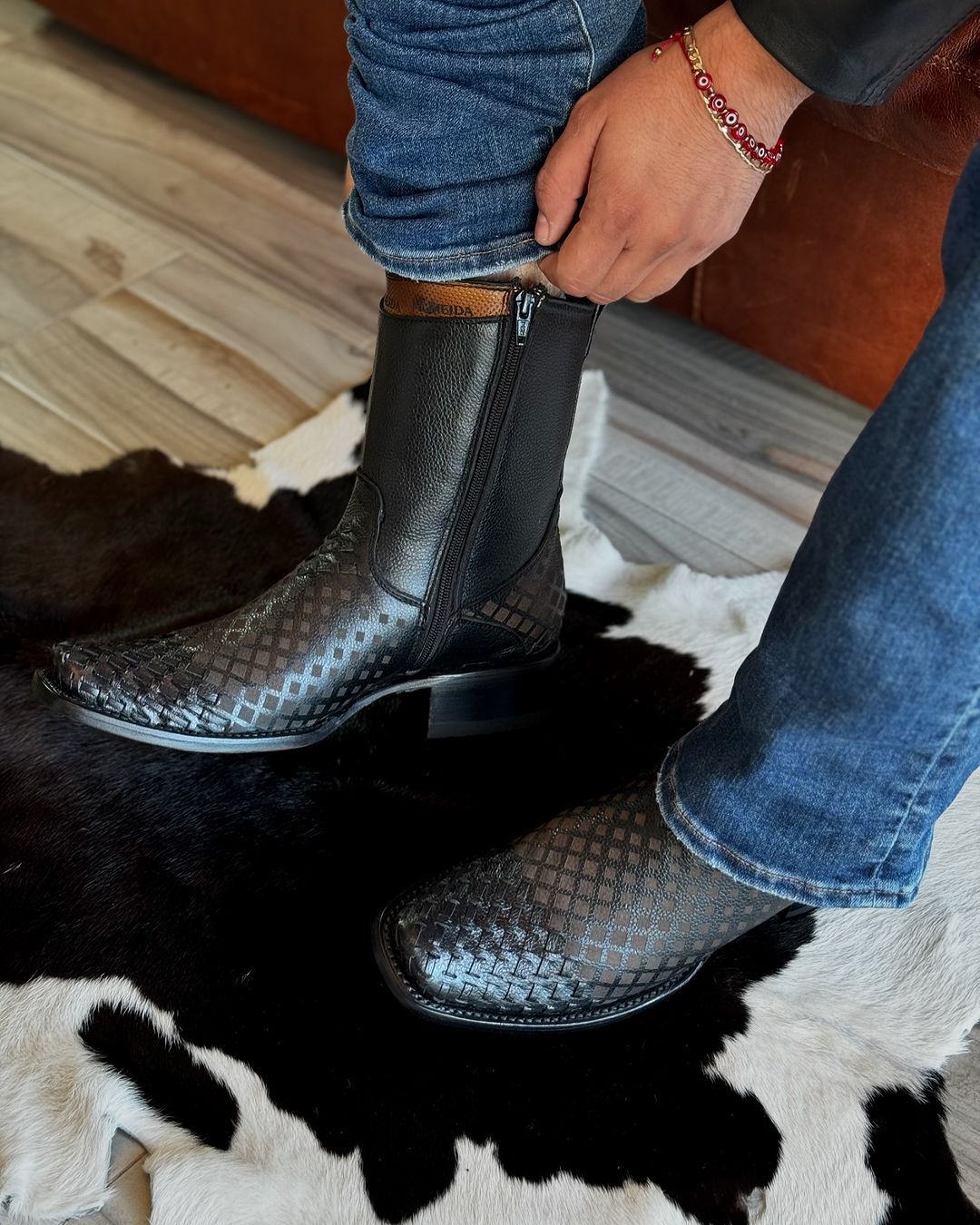 Woven Cowhide Leather Laser Finish Boots
