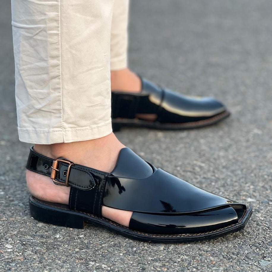 Hand Stitched Patent Black Kheri