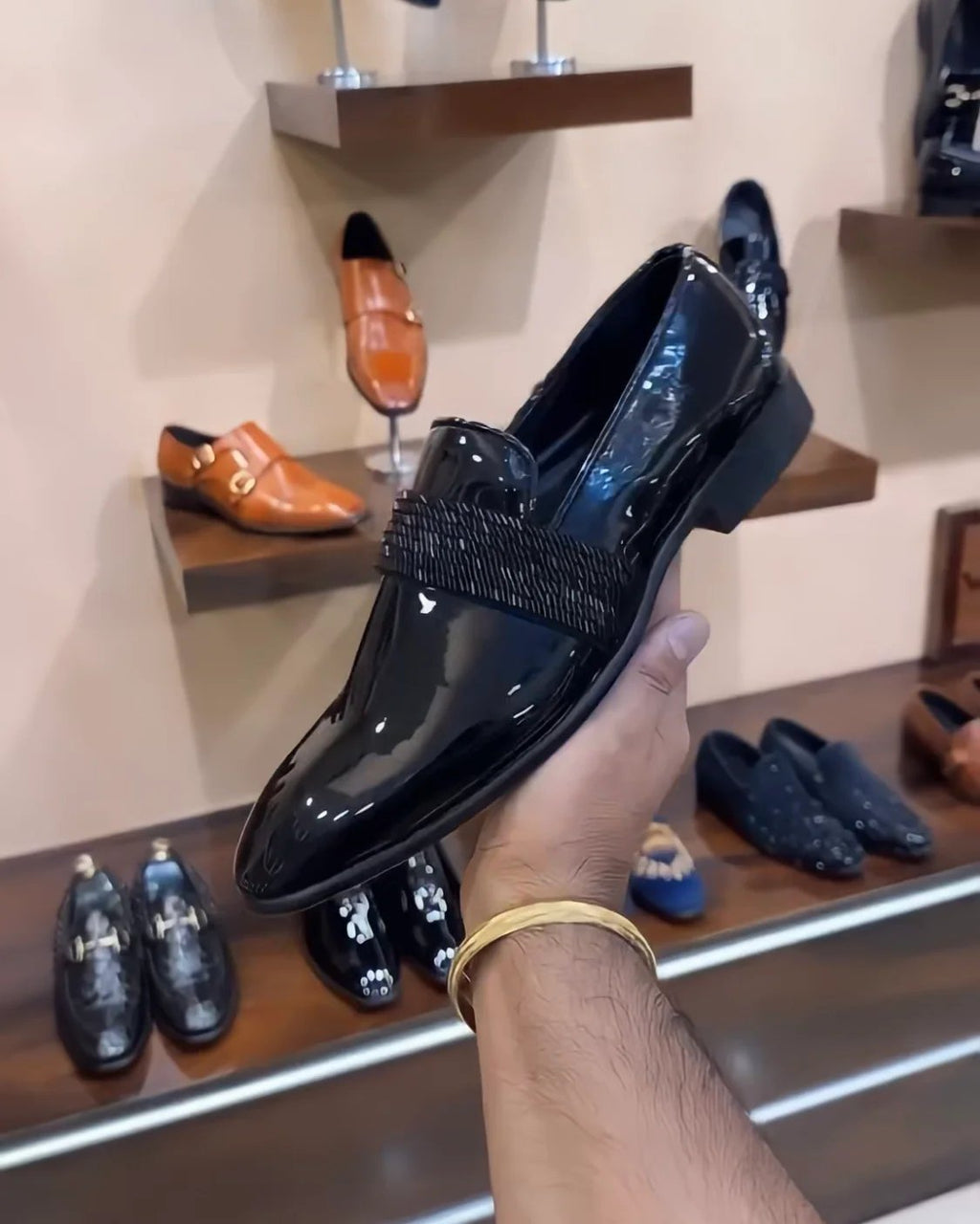 Black Italian Patent Embroidery Strap Moccasins